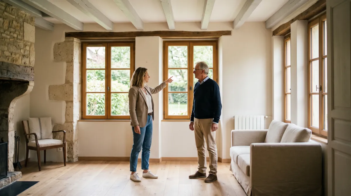 Une conseillère immobilière et un propriétaire échangent debout dans un séjour de maison ancienne