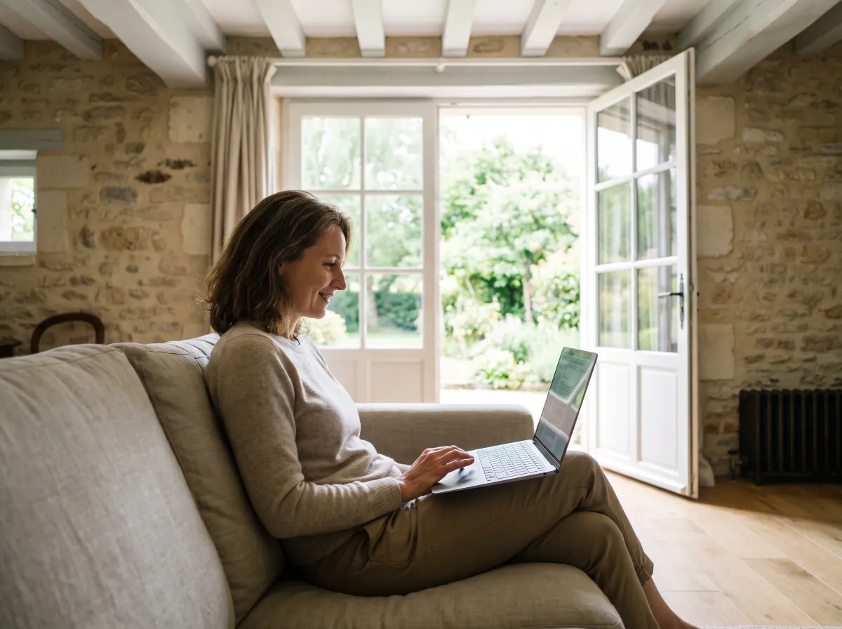 Une propriétaire consulte son ordinateur portable, assise dans son séjour ouvert sur le jardin
