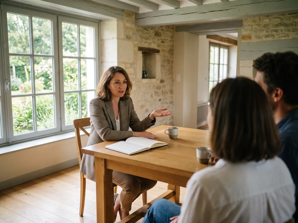 Une conseillère immobilière explique un dossier à un couple de propriétaires, à la table d’un séjour