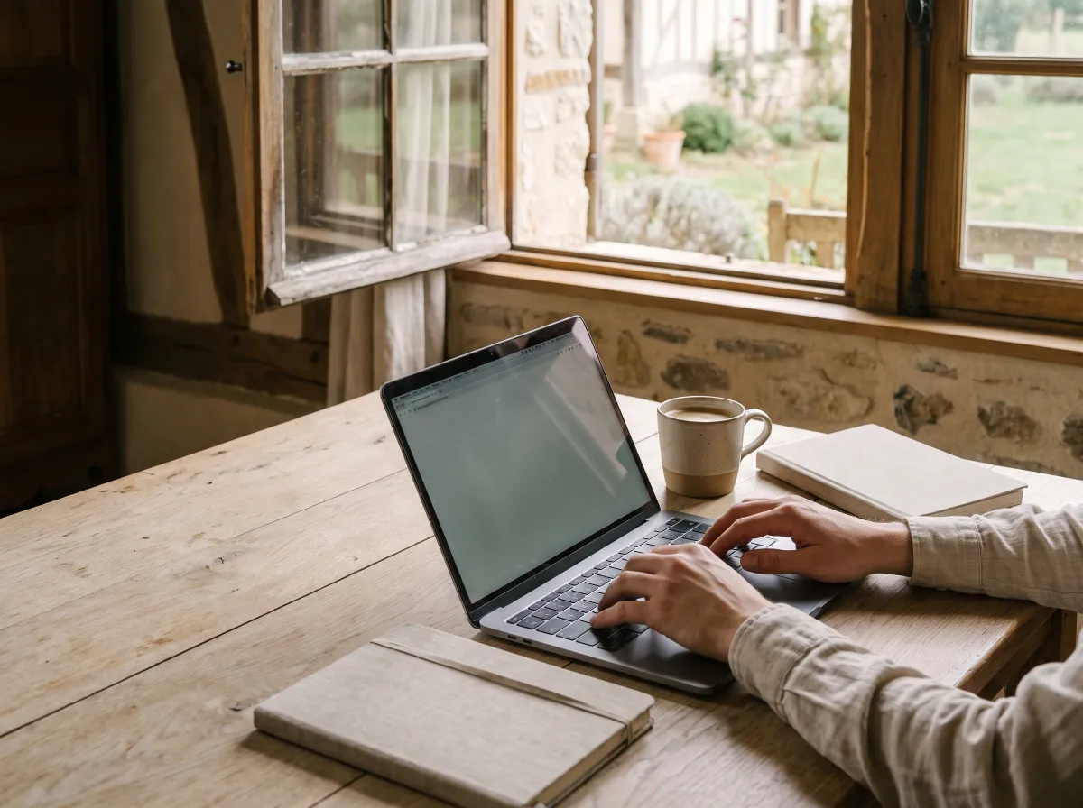 Mains sur le clavier d’un ordinateur portable, sur une table de cuisine