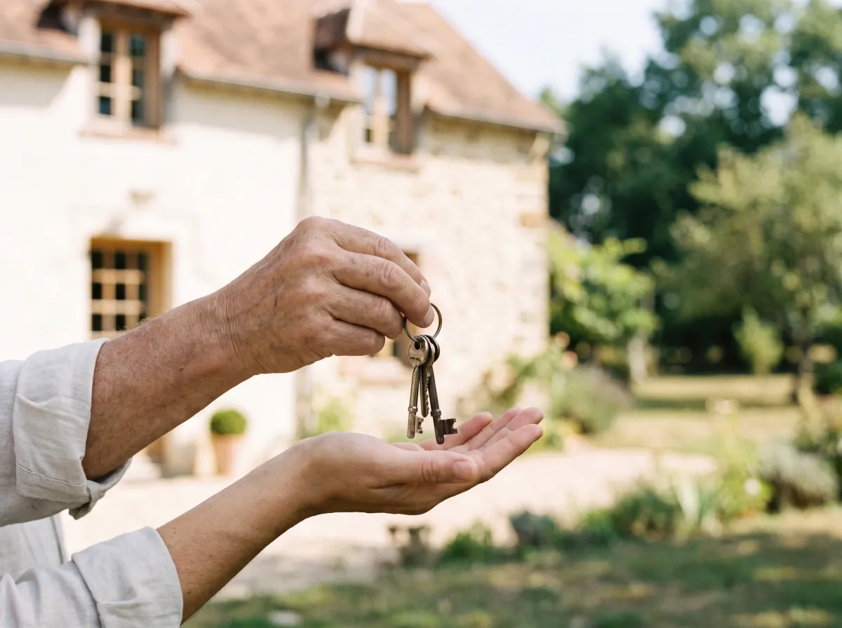 Remise d’un trousseau de clés devant une maison en pierre