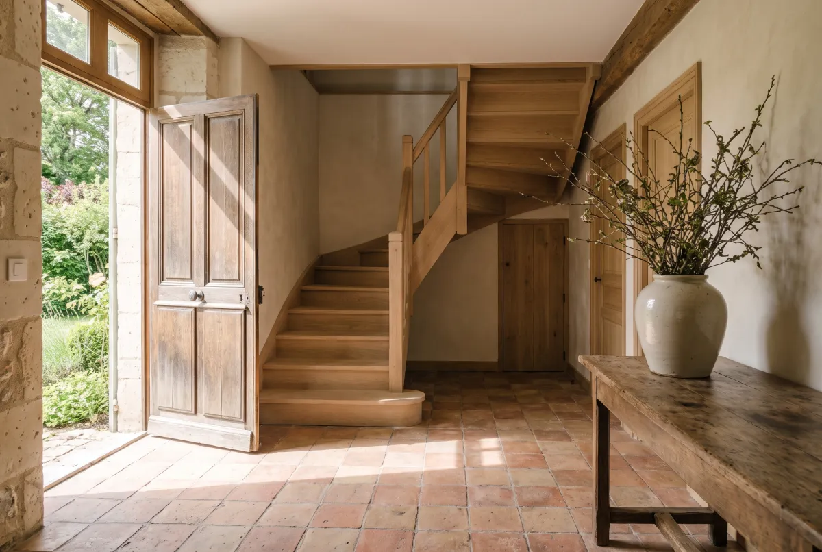 Entrée d’une maison ancienne rénovée, vue depuis le seuil