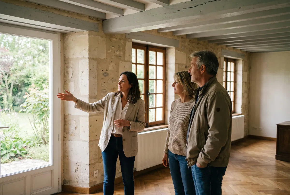 Une conseillère immobilière commente la lumière d’un séjour à un couple de propriétaires