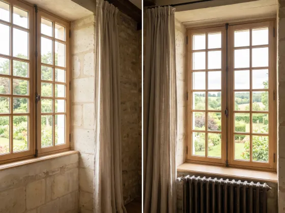 Fenêtre à double vitrage bois et radiateur en fonte dans une maison ancienne