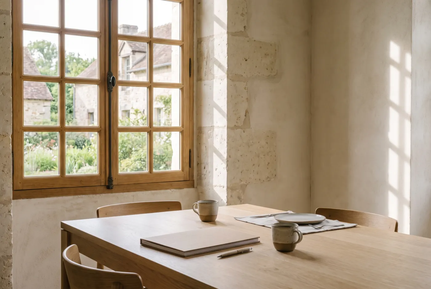 Table de salle à manger, deux tasses et un dossier fermé devant une fenêtre
