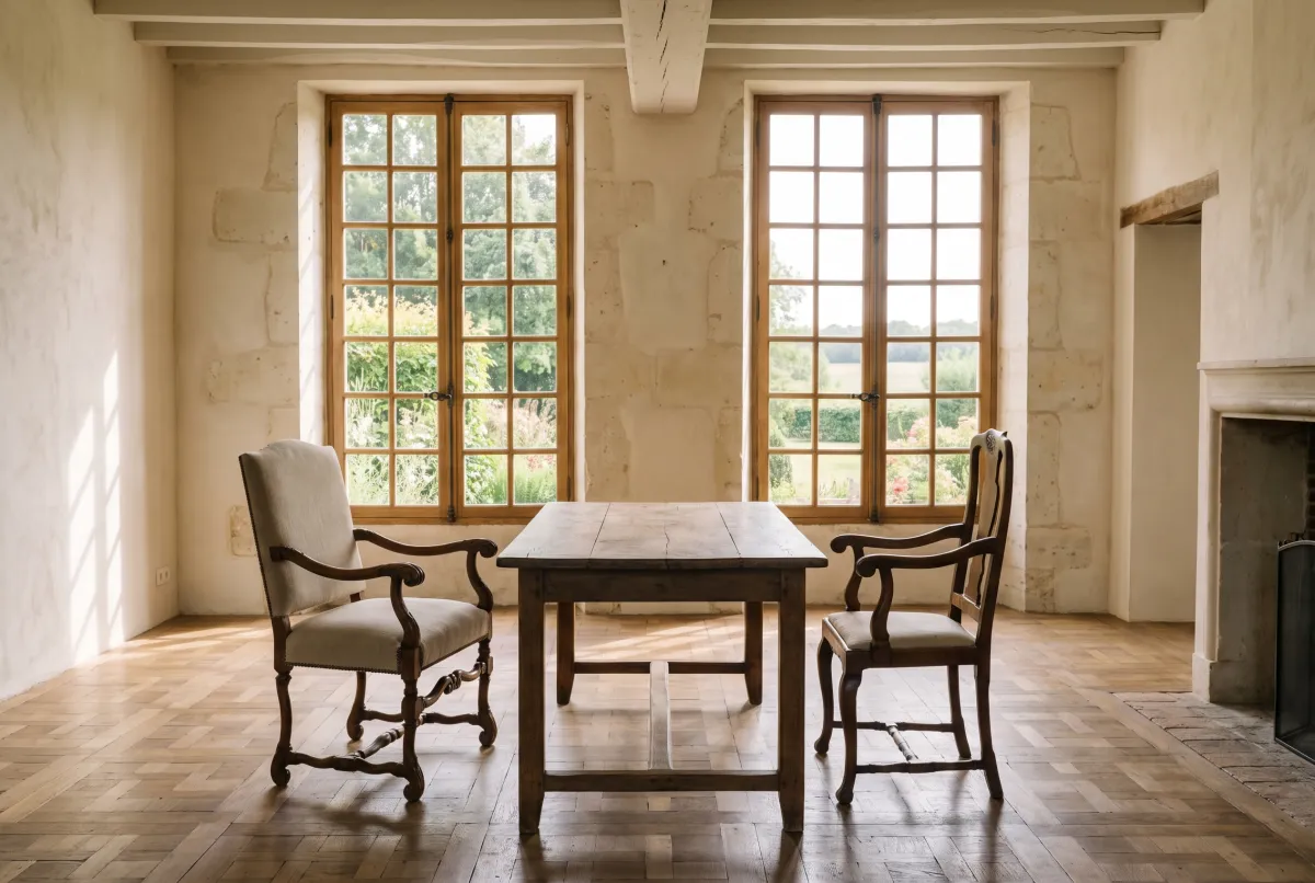 Deux chaises face à face de part et d’autre d’une table en bois