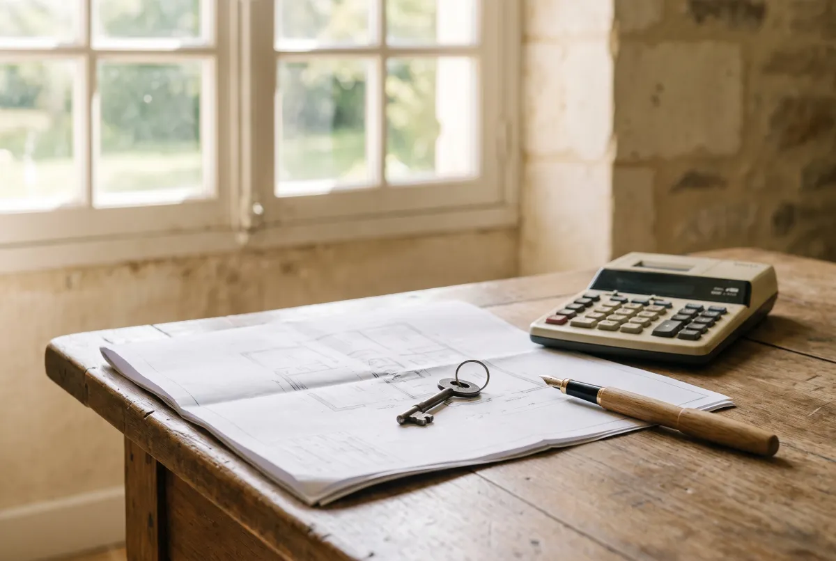 Clé de maison posée sur un plan d’architecte plié, à côté d’une calculatrice
