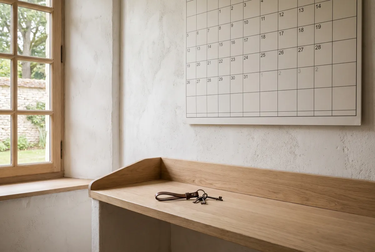 Calendrier mural et trousseau de clés posés sur un plan de travail