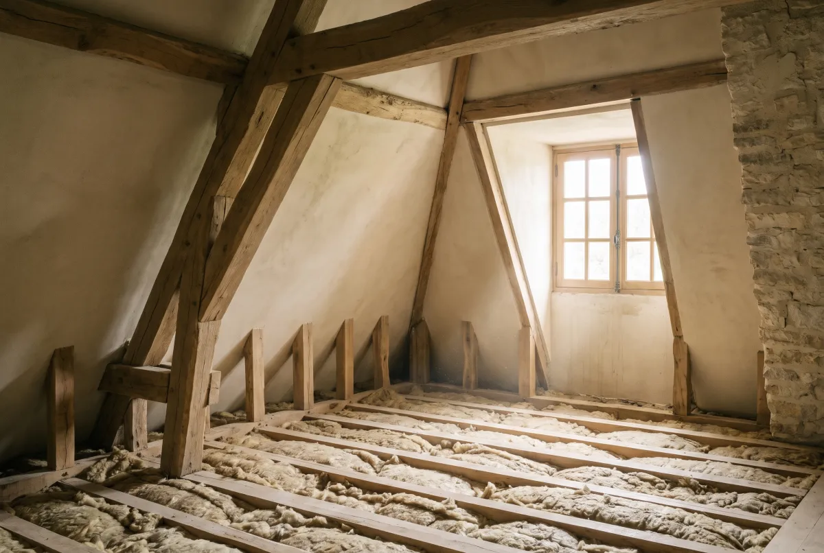 Combles non aménagés d’une maison ancienne, charpente apparente et isolation tassée