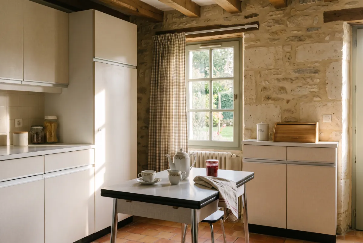 Cuisine ancienne rangée, service à café posé sur la table