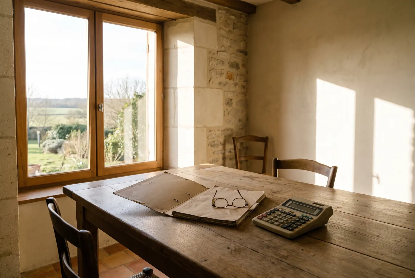 Table de salle à manger, dossier ouvert et calculatrice devant une fenêtre
