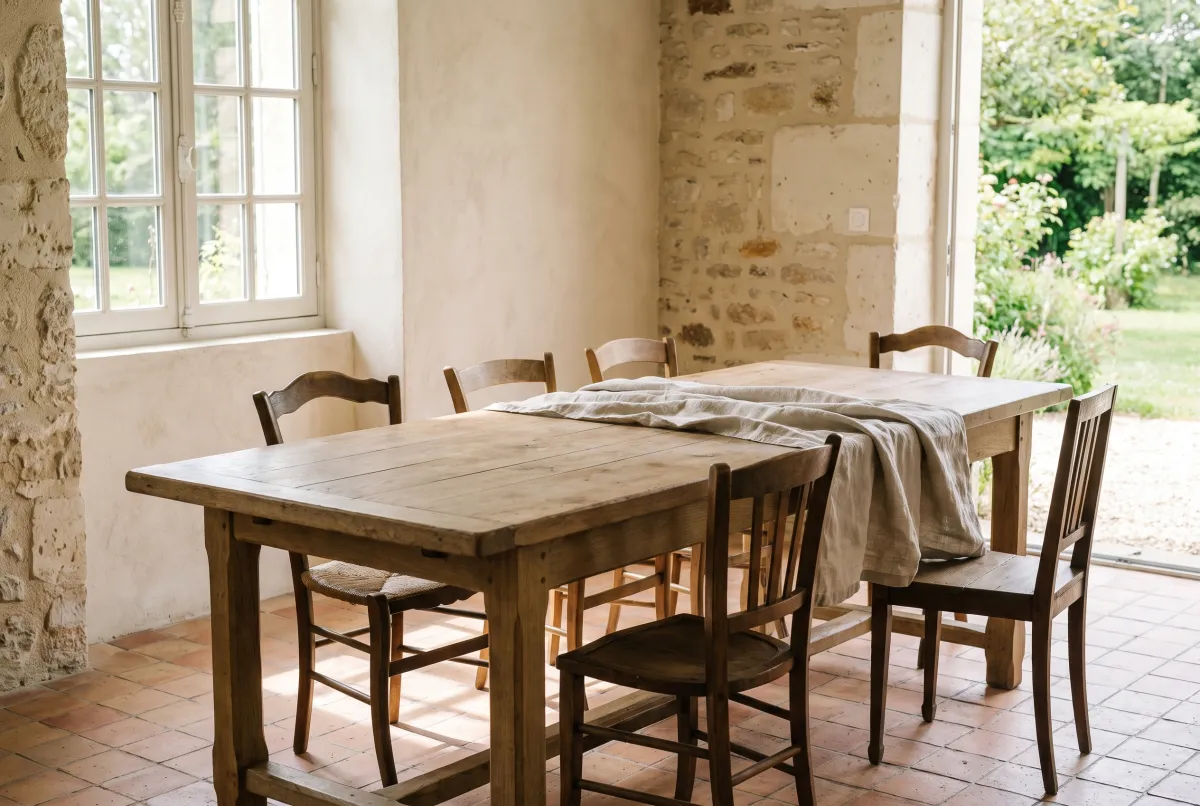 Grande table de salle à manger familiale entourée de six chaises