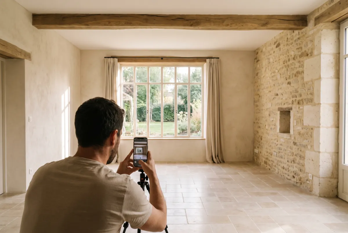 Séjour vide photographié depuis l’angle de la pièce avec un smartphone sur trépied