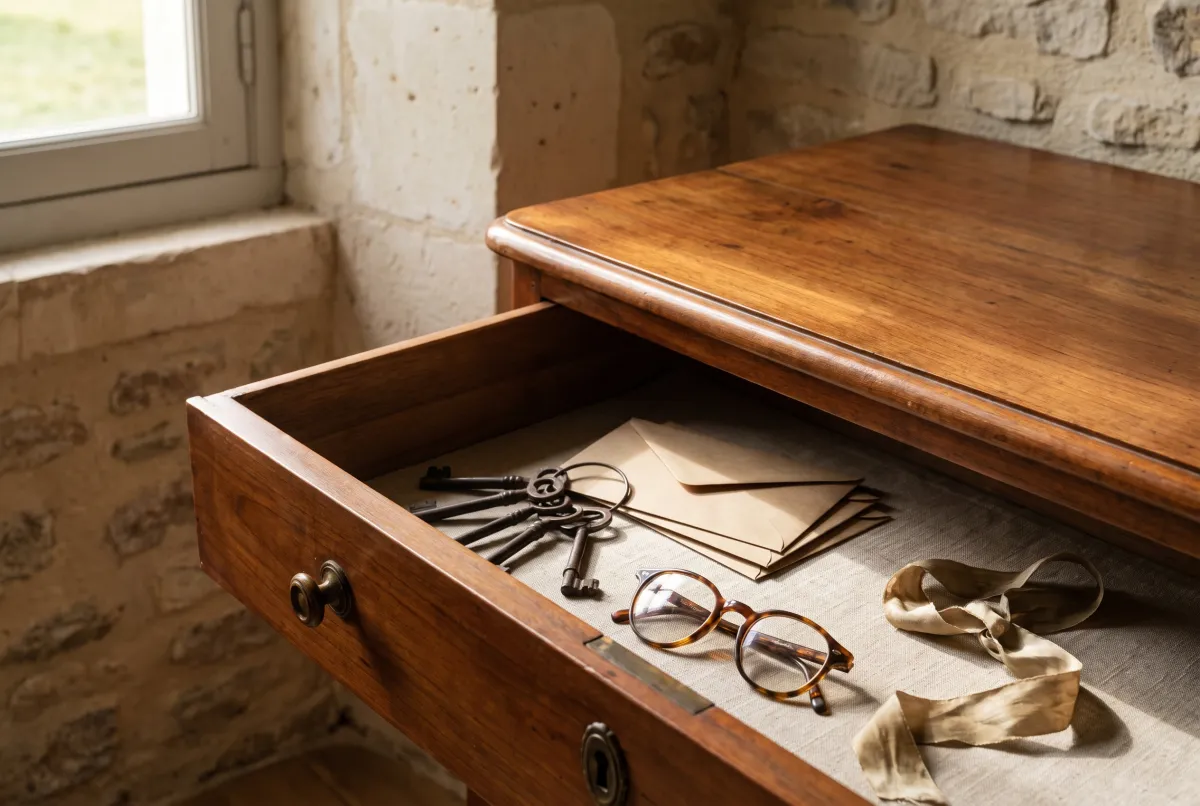 Tiroir d’une commode ancienne contenant des clés et des enveloppes