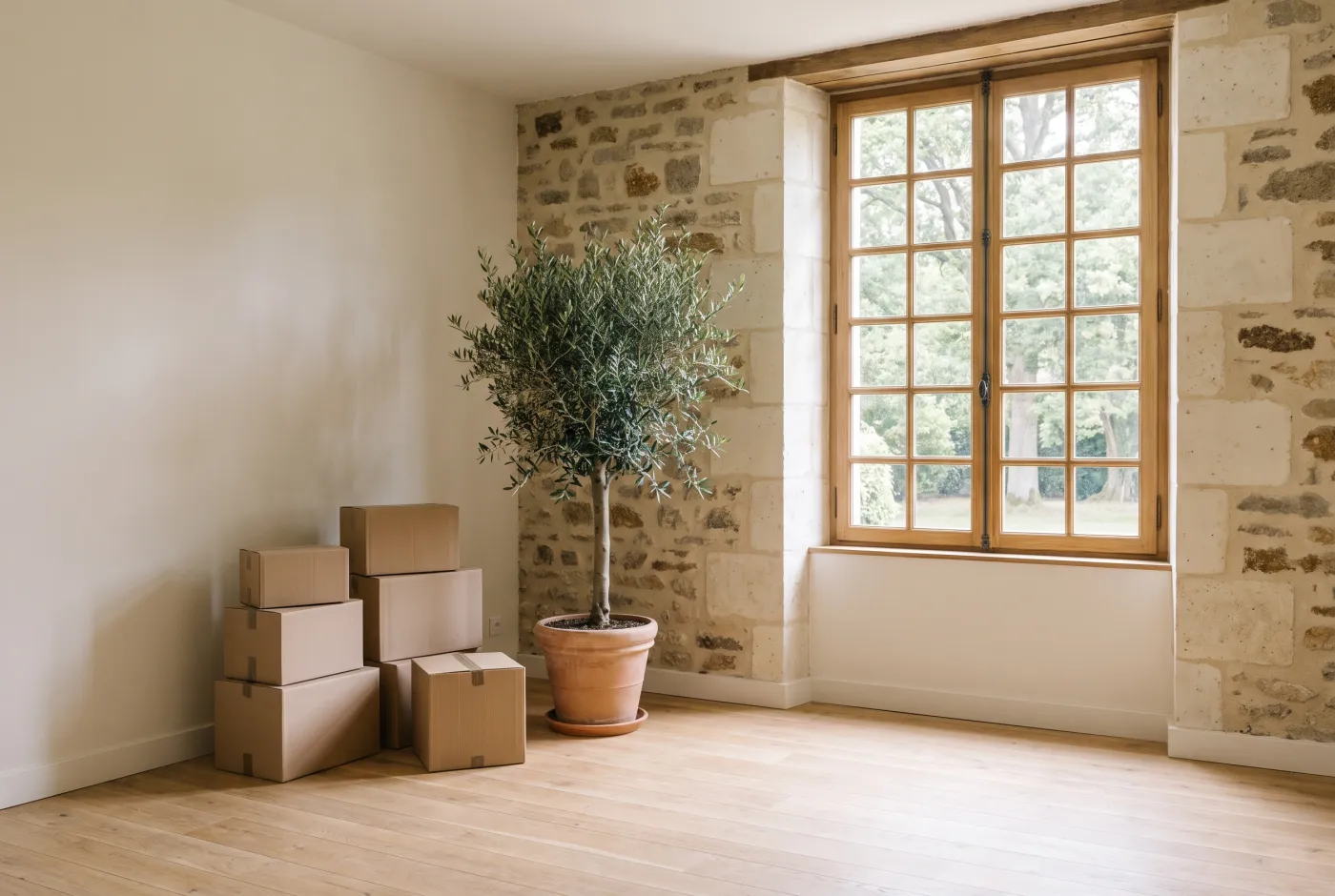 Pièce vidée d’une maison ancienne avec quelques cartons de déménagement