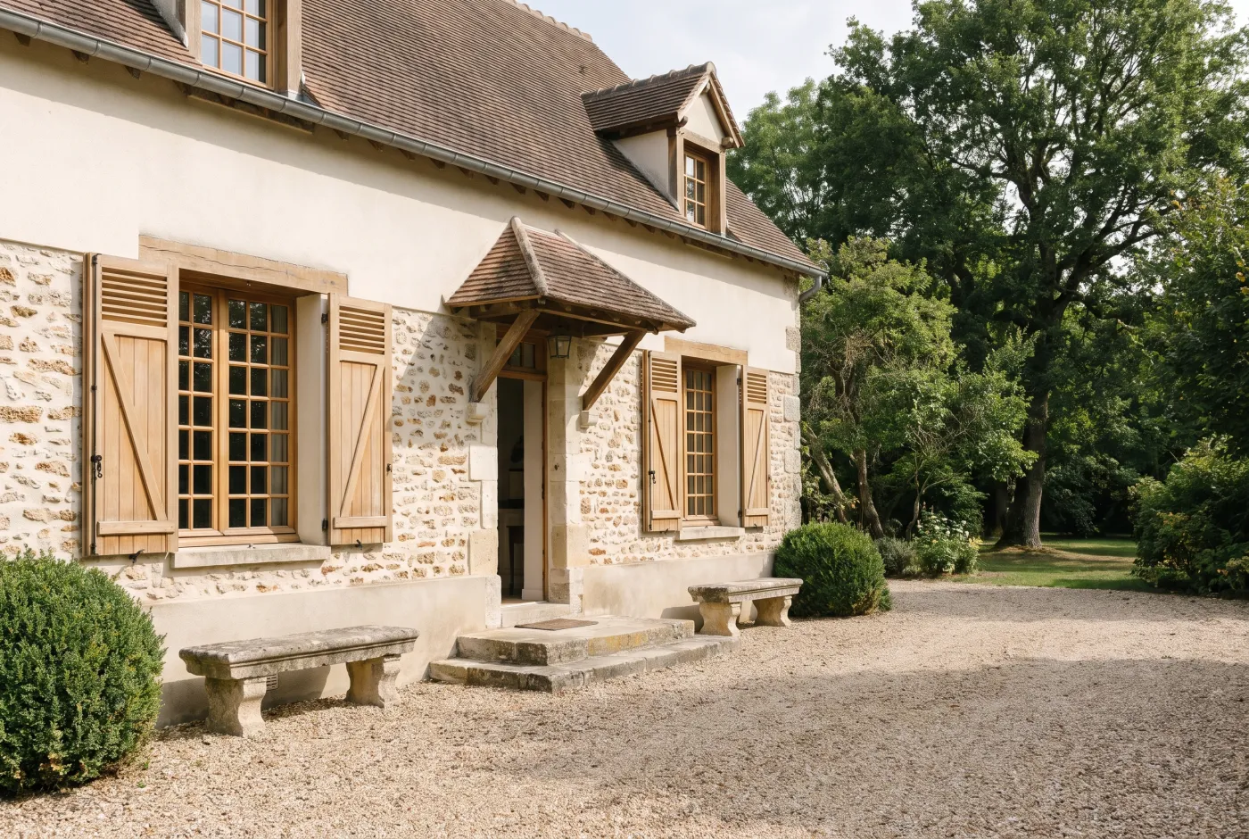Maison familiale et jardin, vue depuis l’allée d’entrée