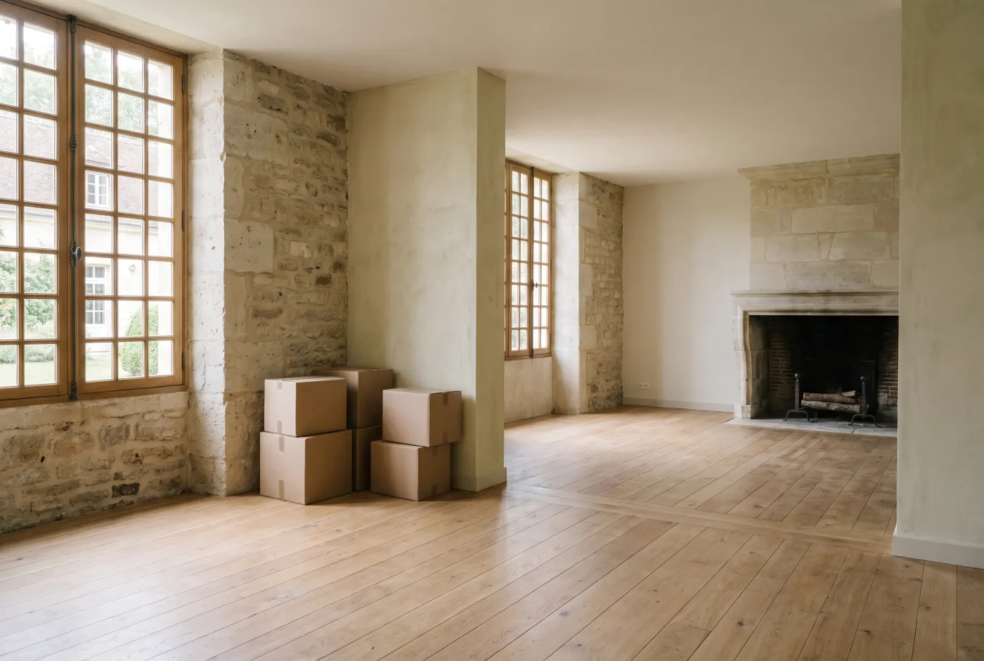 Cartons de déménagement fermés dans un salon lumineux presque vide