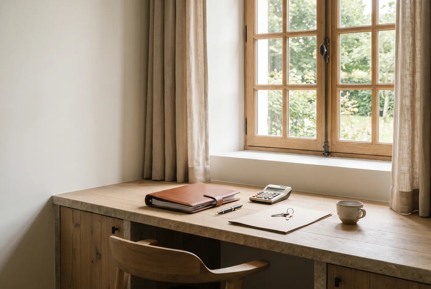 Coin bureau d’une maison avec un classeur, une calculatrice et une clé