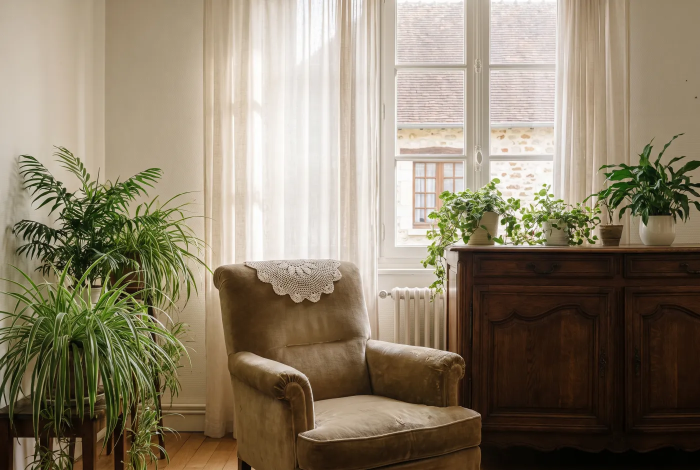 Salon d’une maison habitée de longue date par une personne âgée
