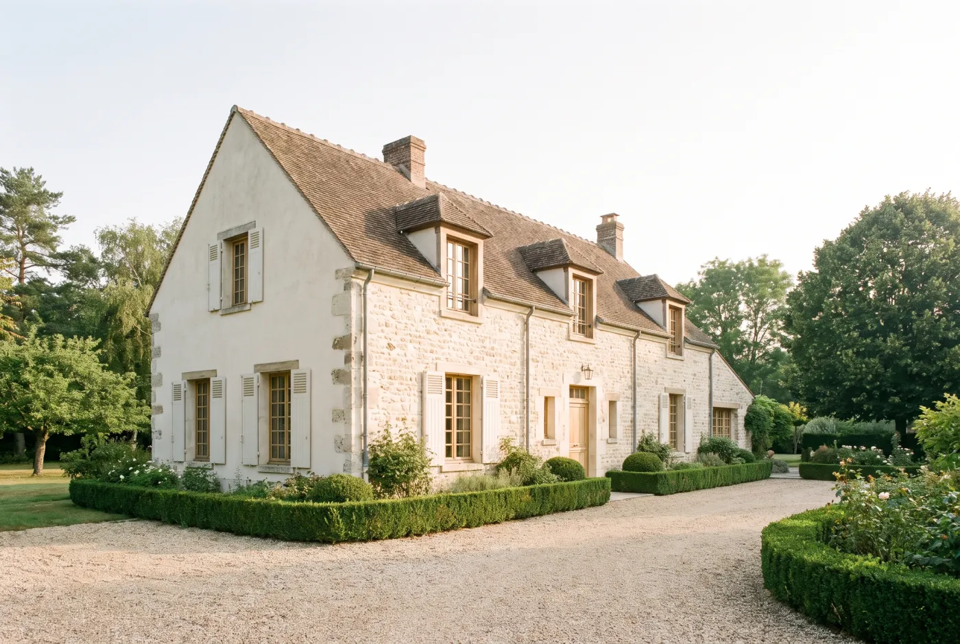 Maison des Yvelines au petit matin, volets ouverts, allée dégagée
