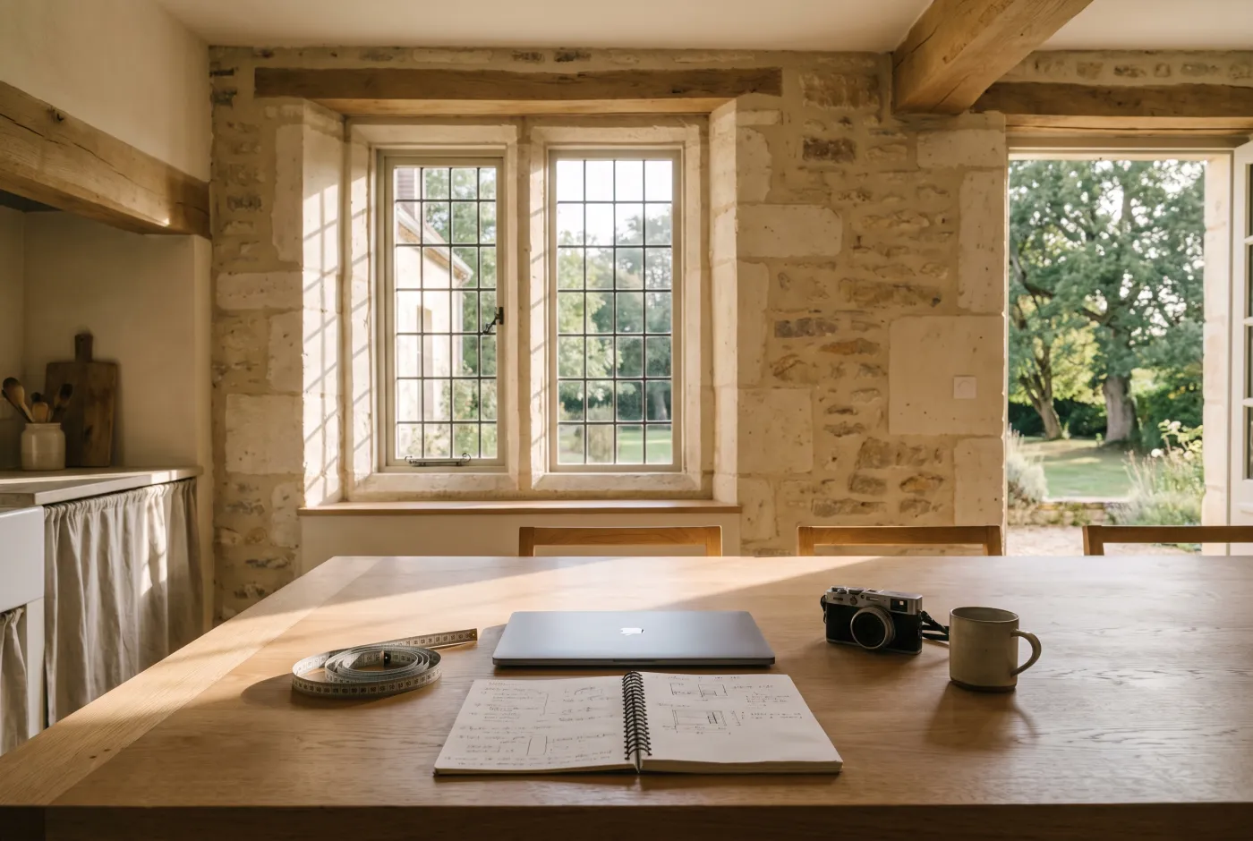 Table de cuisine avec un ordinateur portable, un mètre ruban et un appareil photo
