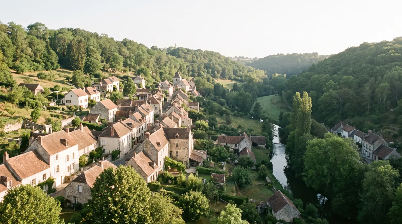 Vallée verdoyante et village ancien à flanc de coteau