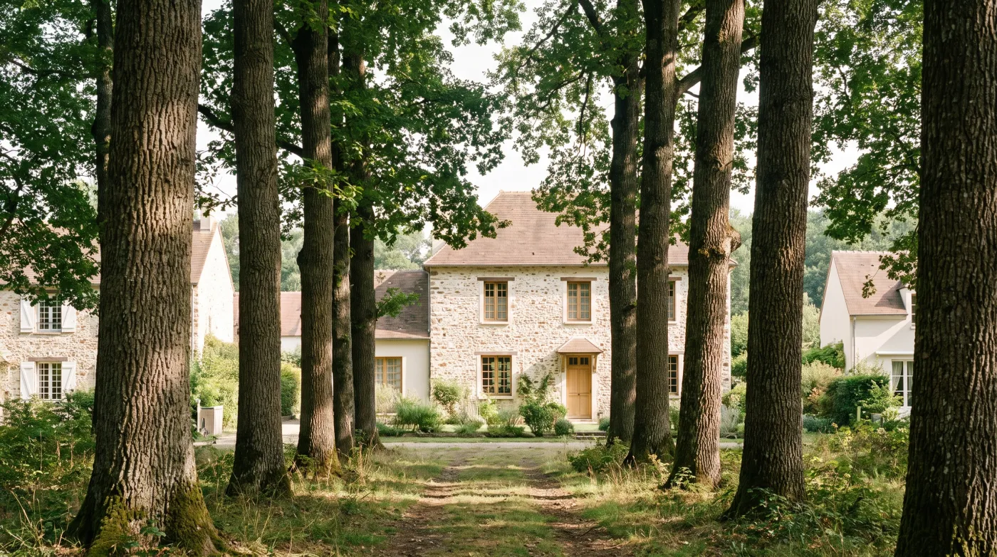Lisière de forêt domaniale rencontrant des maisons en meulière
