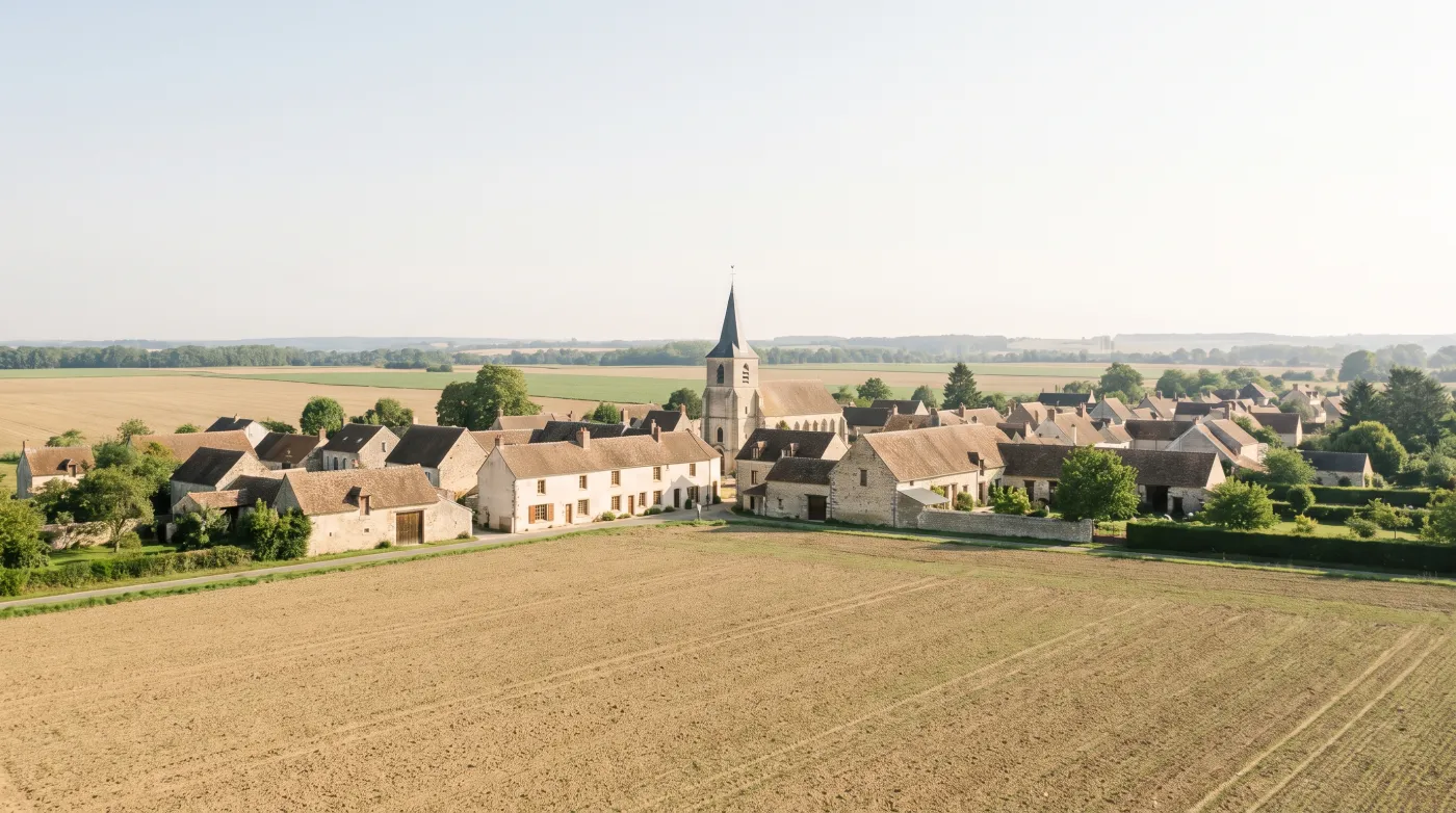 Village rural vu depuis des terres cultivées, horizon dégagé