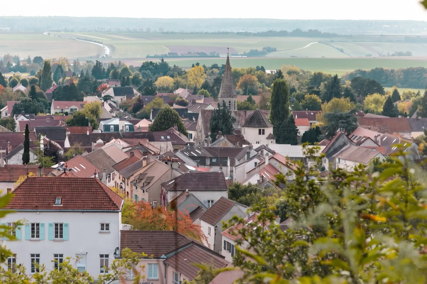 Les toits de Feucherolles et son clocher, la plaine au fond