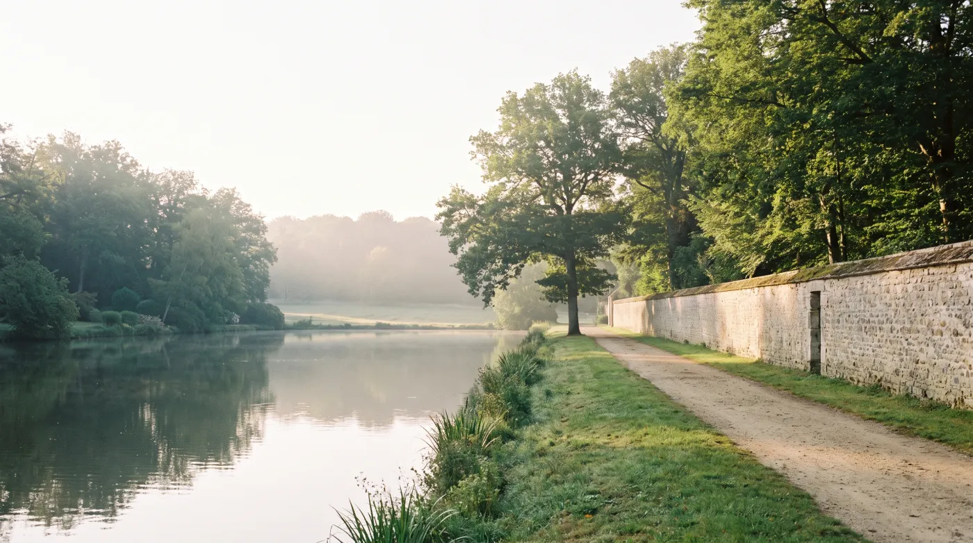Étang forestier et mur d’enceinte ancien le long d’un chemin