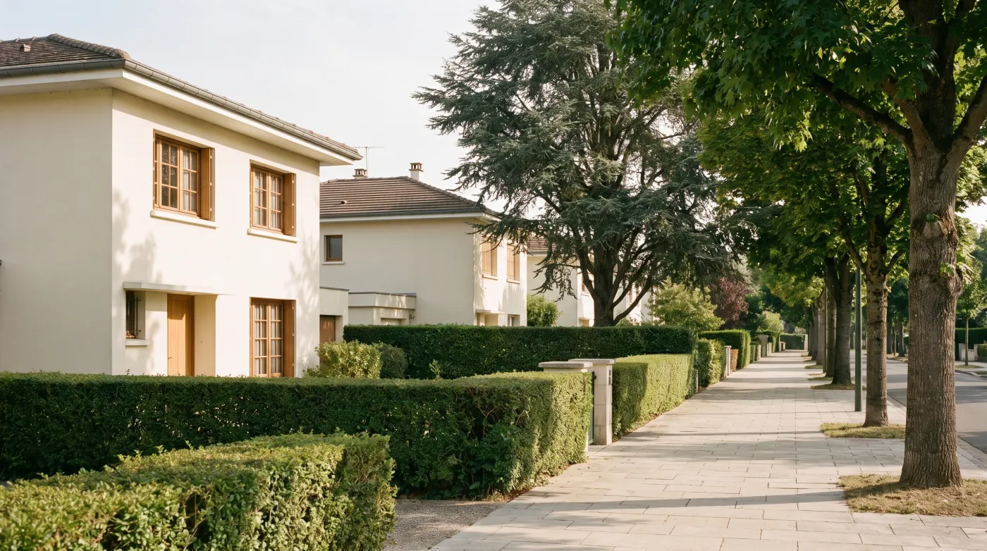 Rue pavillonnaire francilienne bordée de haies et de grands arbres