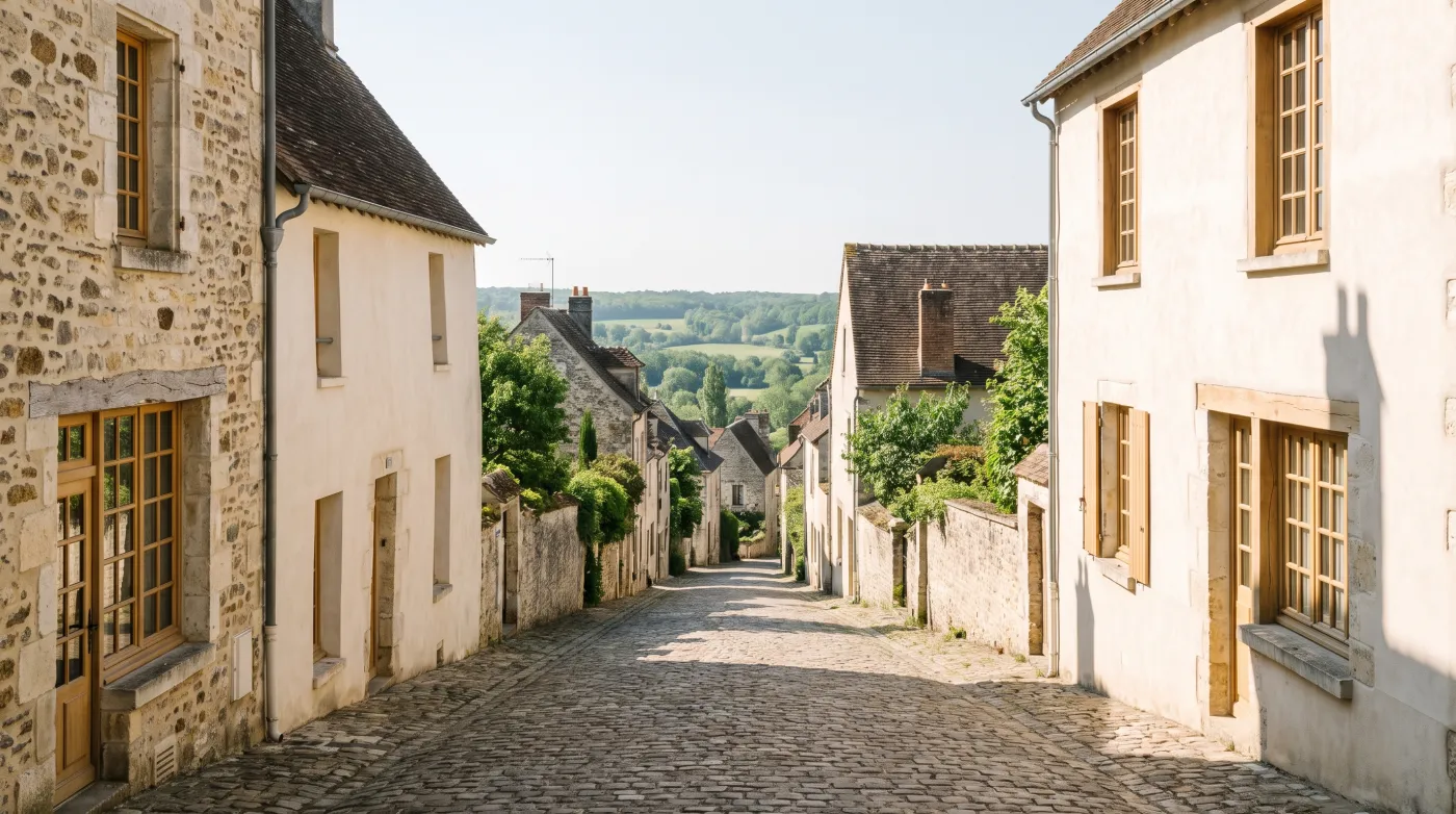 Rue en pente d’un bourg ancien ouvrant sur une vallée
