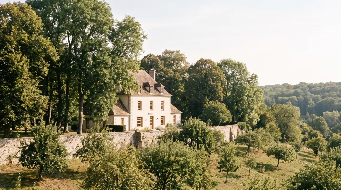 Coteau planté d’anciens vergers dominant une vallée boisée