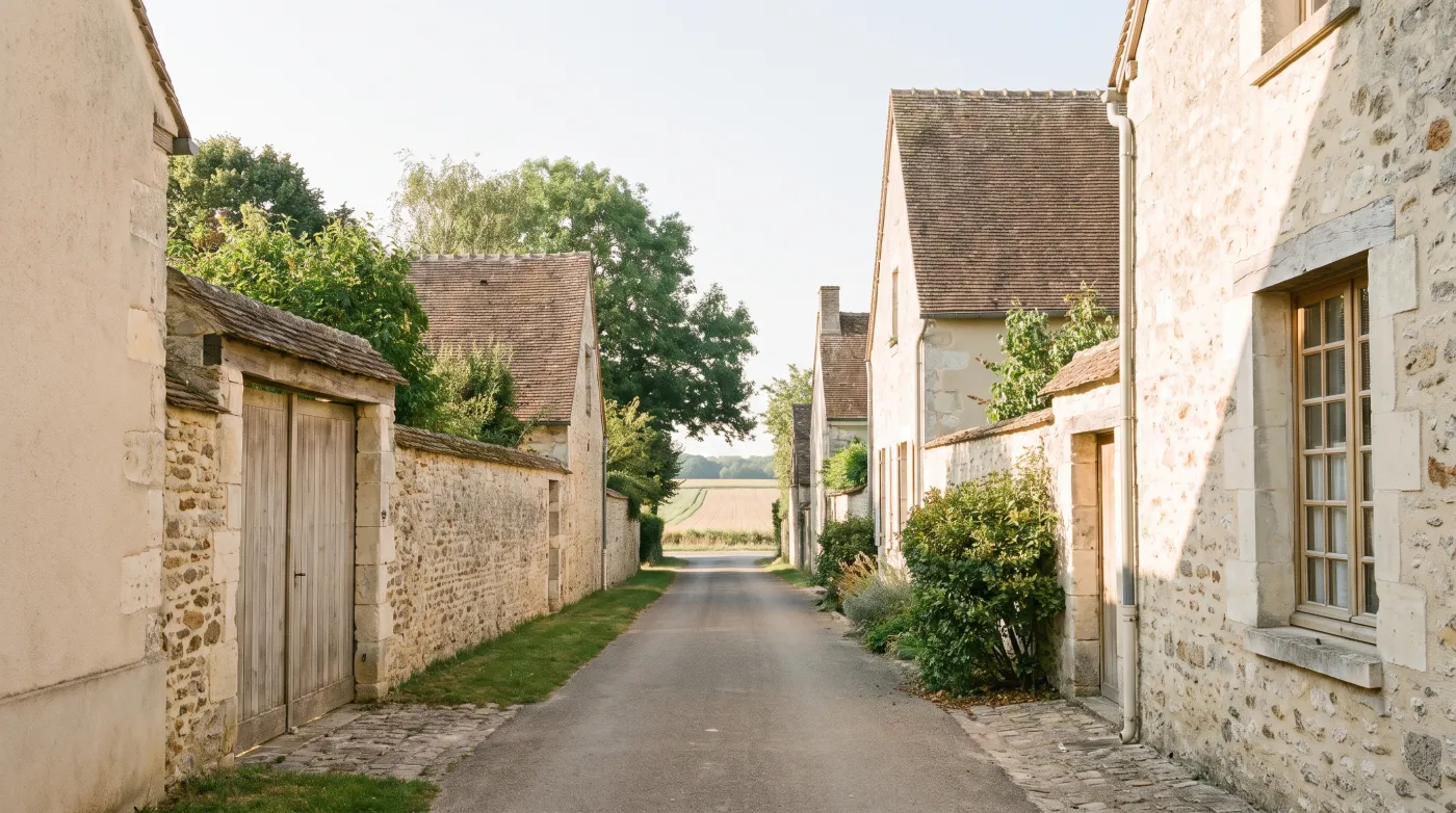 Ruelle de village ancien ouvrant sur les champs de la plaine de Versailles