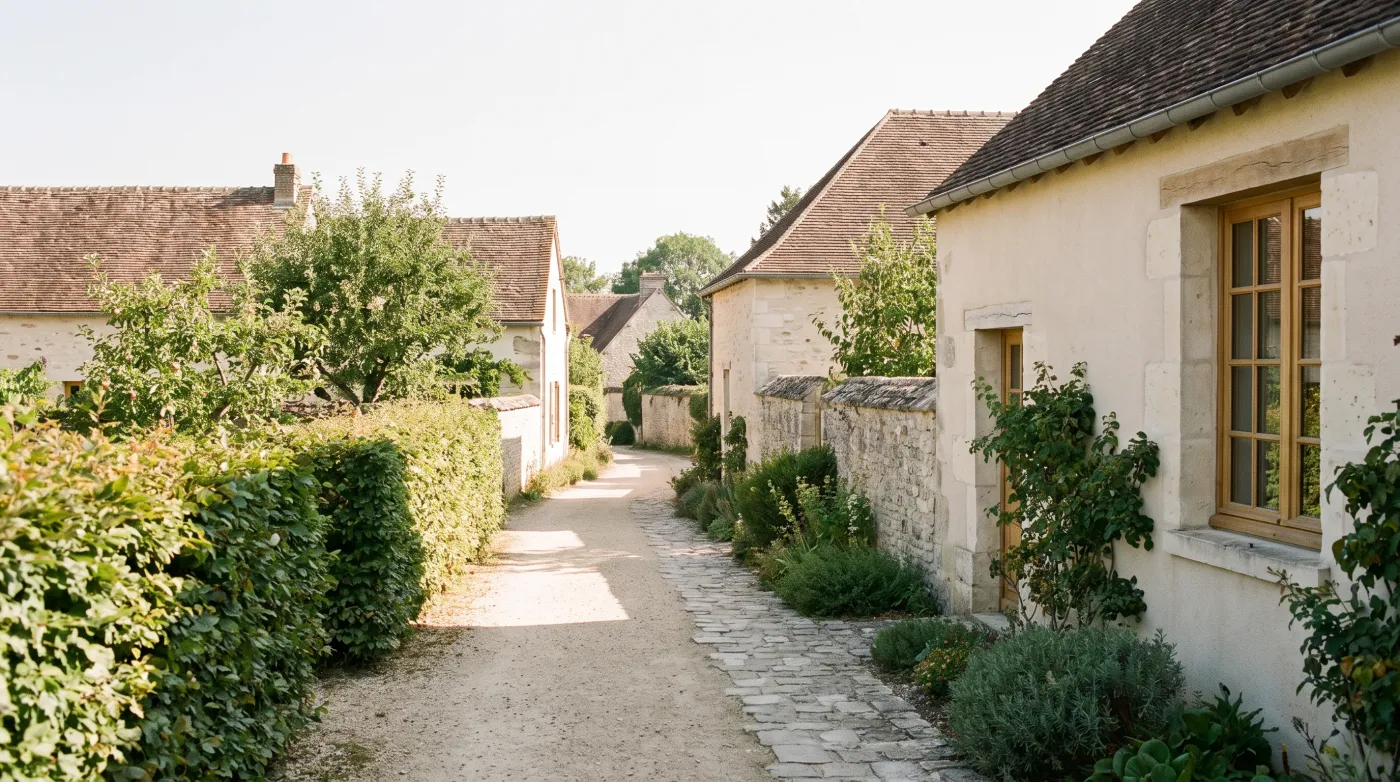 Cheminement piéton entre des jardins clos de haies vives